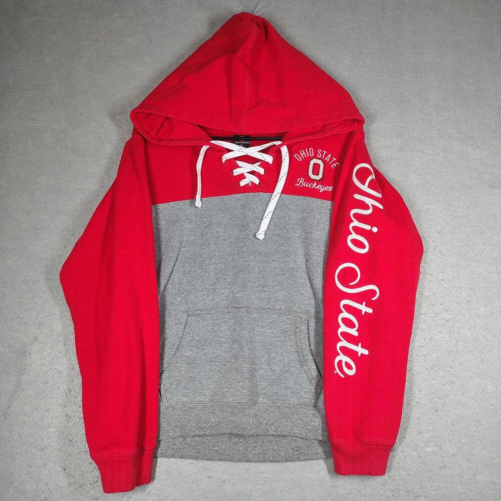 Ohio State Mens Medium Red Gray Lace Up Hoodie Buckeyes Campus Collection EUC